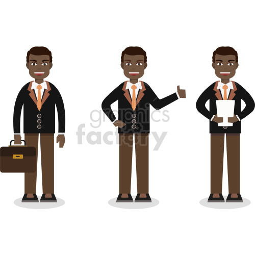 Three illustrations of a businessman in different poses: holding a briefcase, giving a thumbs up, and holding documents.