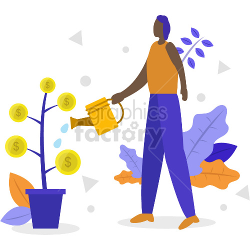   The clipart image shows an illustration of an African American woman watering a tree with dollar bills as leaves. The tree is meant to represent a "money tree," a metaphor for investing and growing wealth.
 