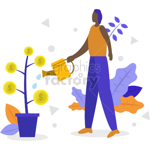 Illustration of a person watering a plant with coins as flowers, symbolizing investment and growth.