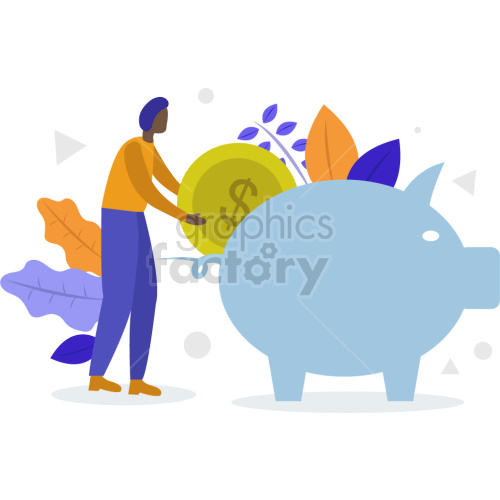 A colorful clipart image featuring a person putting a large coin into a piggy bank. Surrounding them are stylized, colorful leaves.