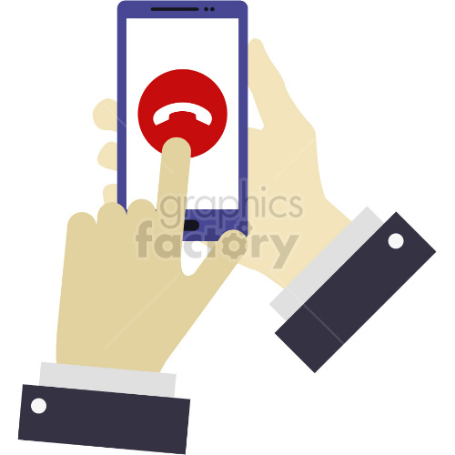 Clipart image of a person holding a smartphone with one hand and using the other hand to tap on a red hang-up icon on the screen.