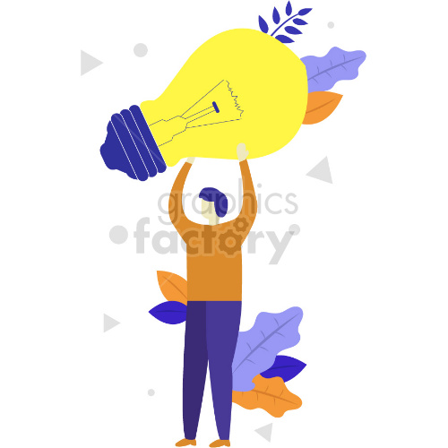 An illustration of a person holding a large light bulb, symbolizing a new idea. The background contains abstract shapes and leaves.