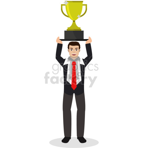 A clipart image of a man in business attire holding a large yellow trophy above his head, symbolizing success and achievement.