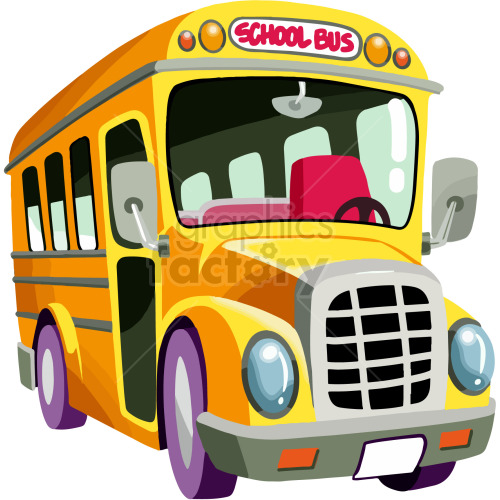 A colorful cartoon clipart of a yellow school bus with red seats and a 'School Bus' sign at the front.