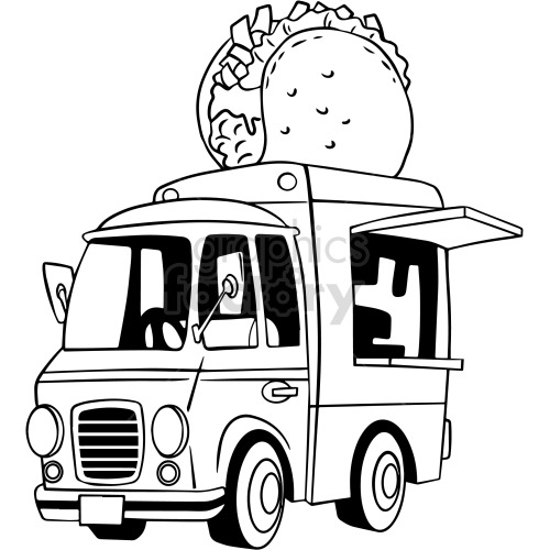 This clipart image depicts a food truck with a large taco on its roof. The food truck has a serving window open on its side, indicating it is ready to serve customers.