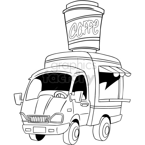 Black and white clipart image of a coffee truck with a large coffee cup on top.