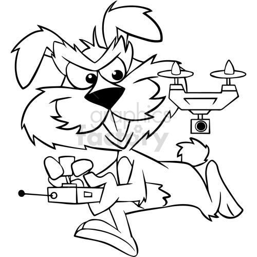 The clipart image depicts a stylized dog character with a bewildered expression, looking at a small quadcopter drone flying to its right side. The drone has a camera attached to its underside.