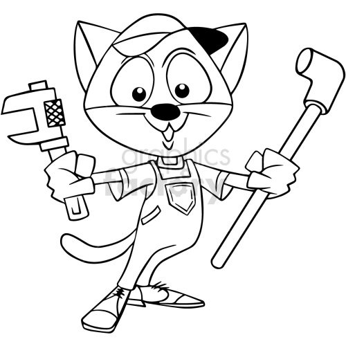 In the clipart image, there is an anthropomorphic cat character dressed as a mechanic. The cat is standing upright on two legs and is wearing overalls. It is holding a wrench in one hand and a crowbar in the other, ready for work.
