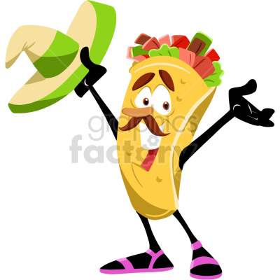 A cheerful taco character with a mustache, holding a sombrero and dressed in shoes with purple stripes.