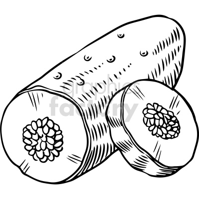 Black and white clipart image of a whole cucumber and a sliced cucumber piece.