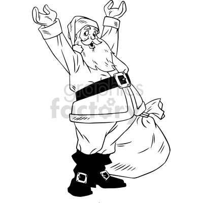 A black and white clipart illustration of Santa Claus with his arms raised, wearing his traditional outfit and a sack over his shoulder.