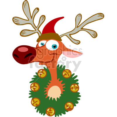 A cartoon reindeer with large antlers, wearing a red Santa hat and a green Christmas wreath with golden bells around its neck, featuring a big red nose and blue eyes.