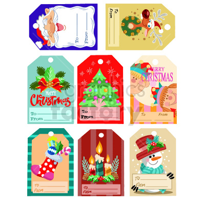 A collection of festive Christmas gift tags featuring various designs including Santa Claus, a reindeer, Christmas tree, holly berries, candles, a stocking, and a snowman. Each tag includes 'To' and 'From' fields for personalization.