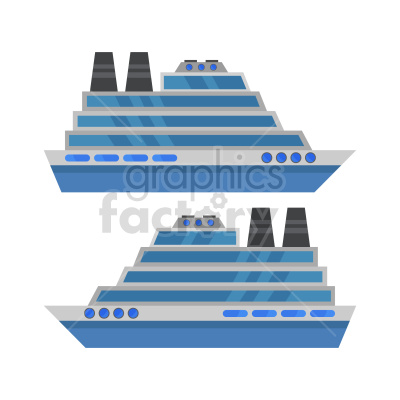 Clipart image showing two cruise ships, with a modern design and blue tones. The ships have several decks and chimneys/black smokestacks on the top.
