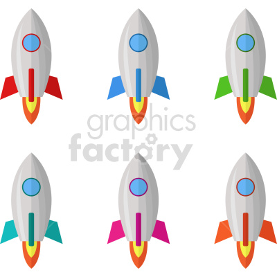 Clipart image showing six grey rocket ships with colorful fins in red, blue, green, teal, pink, and orange arranged in a 2x3 grid.