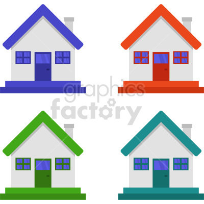 A clipart image featuring four houses with different colored roofs and doors: blue, red, green, and teal.
