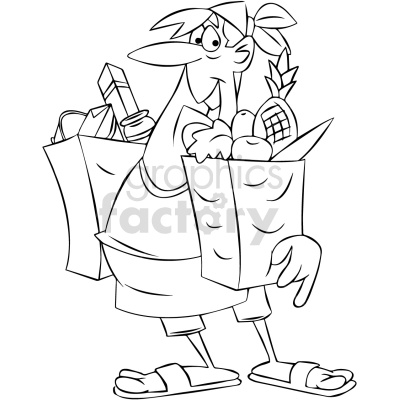 A cartoon character holding two grocery bags filled with various items, including canned goods and fresh produce like pineapples and apples. The character is wearing shorts, a tank top, and sandals, and has a bandana on their head.