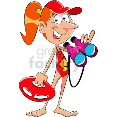 A cartoon illustration of a lifeguard with orange hair wearing a red swimsuit and cap, holding binoculars in one hand and a rescue float in the other.