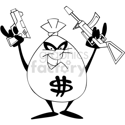 A black and white clipart image of a money bag character wearing a mask and holding a handgun in one hand and a rifle in the other.