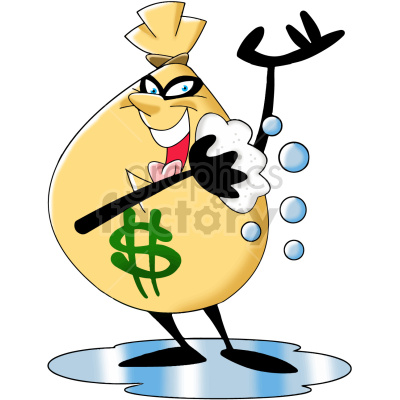   The clipart image shows a cartoon character of a money bag taking a bath surrounded by soap suds and holding a scrub brush. This is a humorous representation of the concept of "money laundering", which refers to the illegal process of making dirty or illegally obtained money appear legitimate through a series of financial transactions.
 