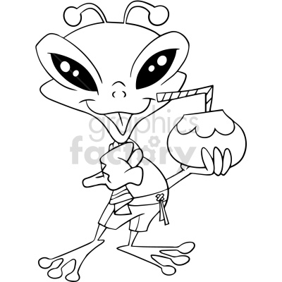 A cartoon alien character holding a drink in one hand and giving a thumbs-up with the other hand. The alien is wearing tropical attire, including a flower shirt, shorts, and a tie.
