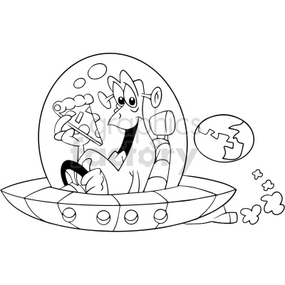 A humorous clipart image featuring an alien character sitting inside a flying saucer while holding a slice of pizza. The spaceship is depicted in a cartoonish style, with an illustration of Earth visible in the background.