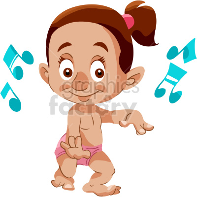 The clipart image depicts a cartoon illustration of a baby girl, likely of Latin descent, dancing. The toddler is shown wearing a diaper and a hair bow, with her arms outstretched and feet tapping, suggesting a joyful and playful dance.
