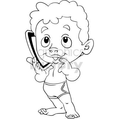 A black and white clipart image of a young child talking on a smartphone while wearing only a diaper. The child is standing and looking slightly to the side, with one hand holding the phone and the other hand near their mouth.