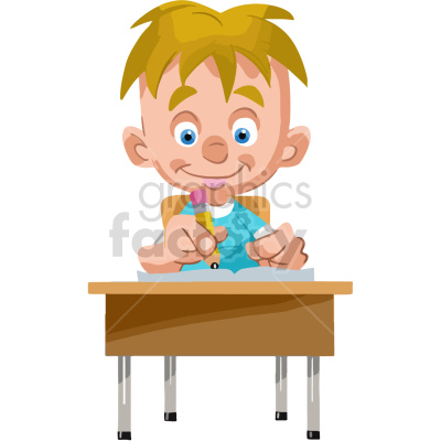 Clipart image of a smiling boy with blonde hair sitting at a desk, writing with a pencil.