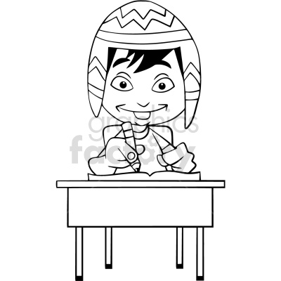 A black and white clipart image of a cheerful child wearing a patterned winter hat and sitting at a desk, drawing or writing with a pencil.
