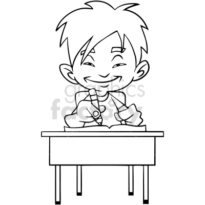 Black and white clipart of a smiling boy sitting at a desk and drawing with a pencil.
