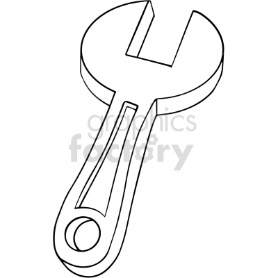 A black and white line drawing of a wrench.