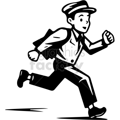 A black and white clipart image of a delivery boy running while carrying a backpack. He appears to be in a hurry.