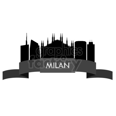 Clipart image of Milan city skyline with prominent buildings and landmarks in silhouette featuring a ribbon banner with the text 'Milan'.