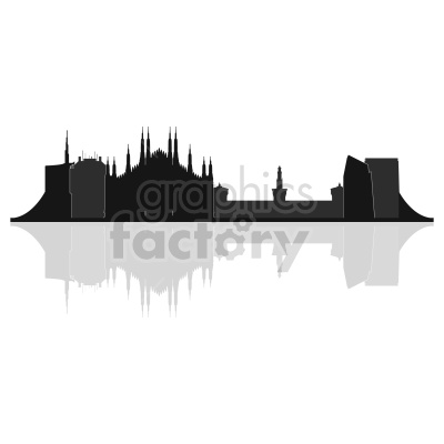 Silhouette illustration of a city skyline featuring iconic architecture with a mirrored reflection effect.