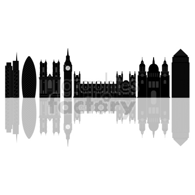 Vector image of a London city skyline silhouette featuring prominent landmarks such as the Gherkin, Big Ben, and other iconic buildings, reflected on a smooth surface.