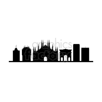 A black and white silhouette of a city skyline featuring notable landmarks and buildings. The central structure resembles a large cathedral with multiple spires, and there are modern and historic buildings on either side.