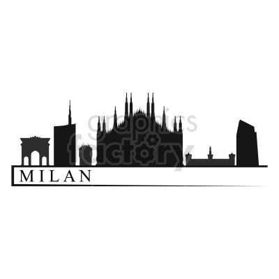 Silhouette of Milan city skyline with famous landmarks including the Milan Cathedral.