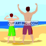 Father and son flexing on the beach.