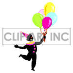 Animated clown holding a bunch of balloons.