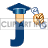 This animated gif is the letter j. It has a graduation hat on and is moving side to side. It is holding its graduation papers in a hand that is floating and not attached to the body