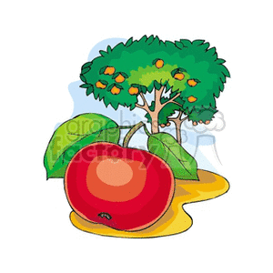 The clipart image shows a stylized apple tree with ripe apples on its branches and one large red apple with a leaf in the foreground. The background appears simplistic, mainly serving to highlight the fruit and the tree.