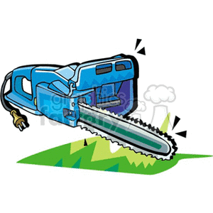 The image is a clipart illustration of a blue electric chainsaw. The chainsaw is depicted in motion, with motion lines suggesting vibration or active cutting. Below the chainsaw, there appears to be green material, possibly grass, which is being impacted by the chainsaw, indicating cutting action.