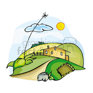 The clipart image depicts a stylized rural scene with several key elements: a rolling hills landscape, a farm house, a fence indicating a pasture, a country road, puffy clouds in a sunny blue sky, and the sun shining brightly. The setting suggests summertime in an agricultural area.