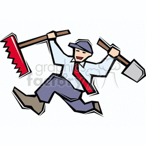 This clipart image features a cartoon of a man wearing a shirt, tie, and pants. He appears to be running excitedly while holding a shovel in one hand and a rake in the other. The shovel and rake are typical tools used for gardening or agricultural purposes. The man's expression and posture suggest that he is eager and dynamic, possibly enthusiastic about gardening or landscaping.