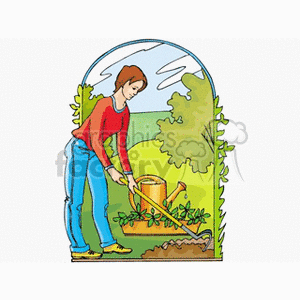   The clipart image shows a woman gardening. She appears to be using a tool, possibly a hoe or rake, to cultivate the soil around plants. There