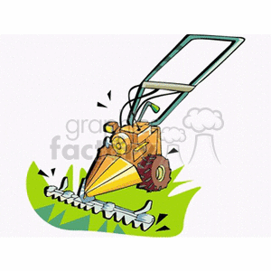The clipart image features a push lawn mower cutting grass. There is a clear depiction of grass clippings being ejected from the mower, indicating its operation. The lawn mower appears to be of a manual push design, often used in gardening and landscaping.