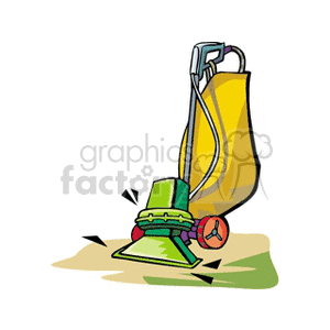 The clipart image shows a stylized representation of a green and yellow lawn mower. The lawn mower has a red wheel and appears to be in motion cutting grass, as indicated by the black motion lines around it. There is a collection bag attached to the back of the mower, likely intended for collecting grass clippings.
