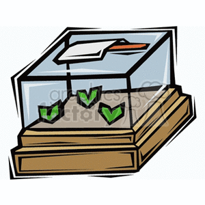 The image is a clipart illustration of a small, tabletop greenhouse or terrarium. It features a clear glass structure with a pitched roof, resting on a wooden base. Inside the greenhouse, there are small green sprouts emerging from the soil, symbolizing the early stages of plant growth.