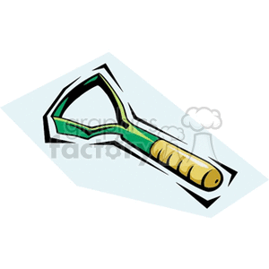 The clipart image shows a stylized drawing of a hoe, which is a hand-held gardening tool used for shaping soil, removing weeds, clearing soil, and harvesting root crops. It features a green blade and a tan or light brown handle. The hoe is presented at an angle, as if lying on a surface, with a slight shadow beneath, giving the impression of depth.